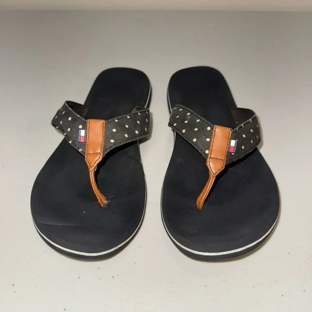 Tommy Hilfiger Black Sandals Womens 8 Flip Flop Thong Polka Dot Logo Classic